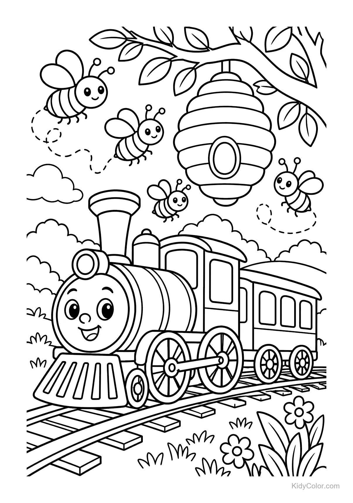 Vrolijke stoomtrein met een lachend gezicht, bijen en een bijenkorf.