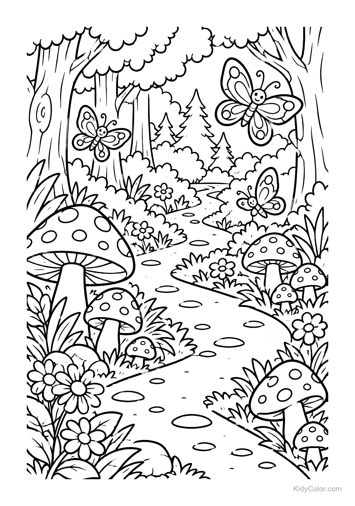 Butterflies fluttering around mushrooms and flowers on a forest path.