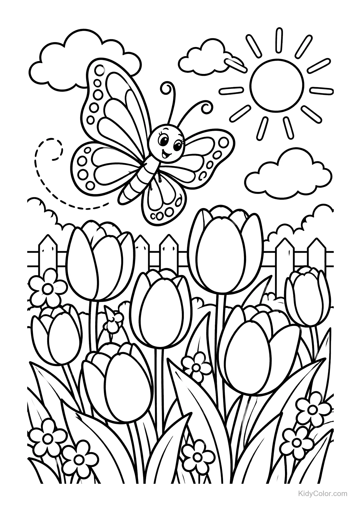 Butterfly flutters over tulips and flowers with sun and clouds.