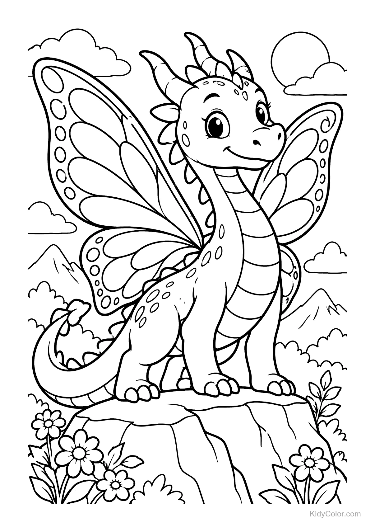 Butterfly-winged dragon on a rock with flowers and mountains.