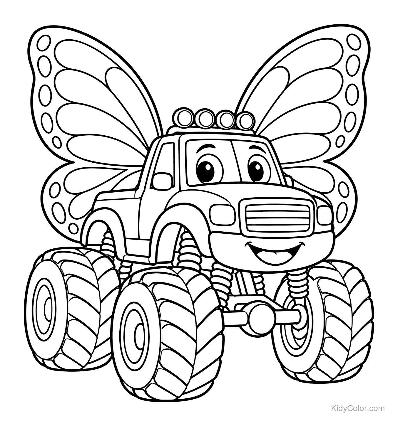 Monstertruck mit Schmetterlingsflügeln und lächelndem Gesicht.