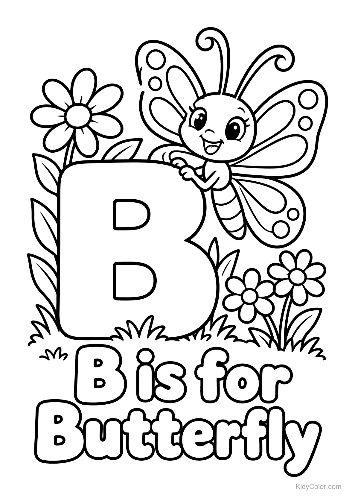 A butterfly on the letter B with flowers around.