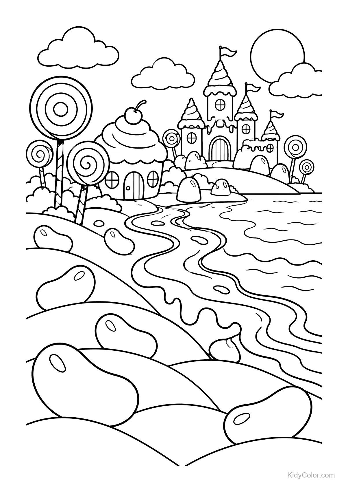 Candy landscape with lollipop trees, cupcake house, and castle by the beach.