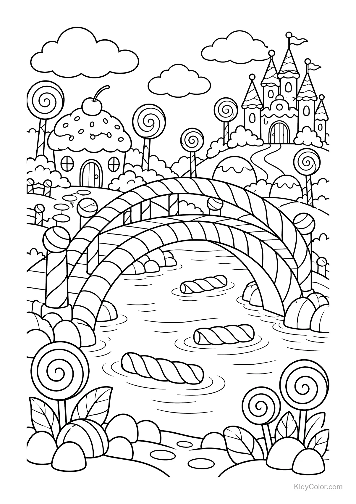 Candy cane bridge over a lagoon with a candy castle in the background.