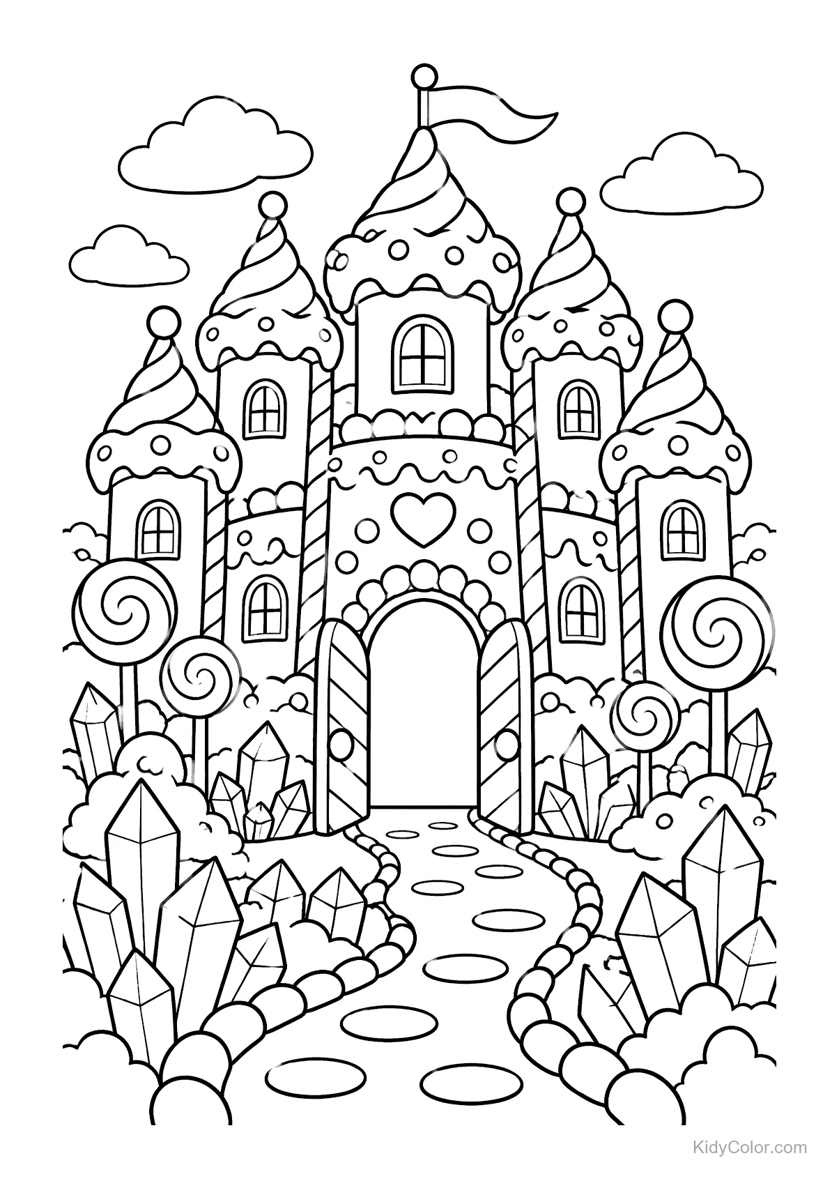 Castillo de dulces con cuatro torres en jardines de azúcar y árboles de paleta.