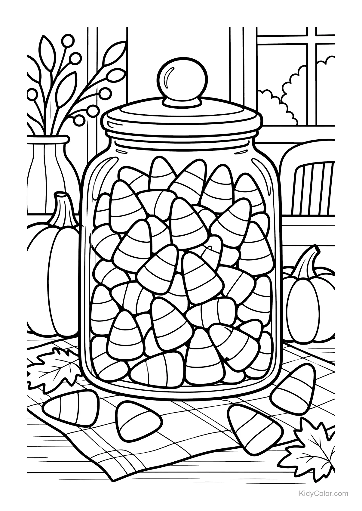 A jar filled with candy corn, surrounded by pumpkins and autumn leaves.