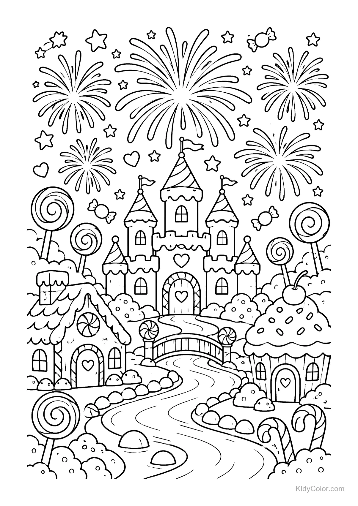 Escena de Candy Land con castillo, fuegos artificiales y casas de caramelo.