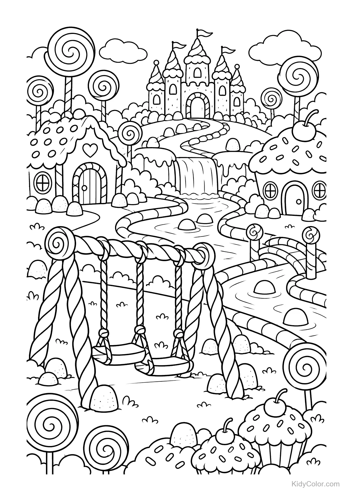 Parque de dulces con columpios de regaliz, casa de caramelo, río y castillo.