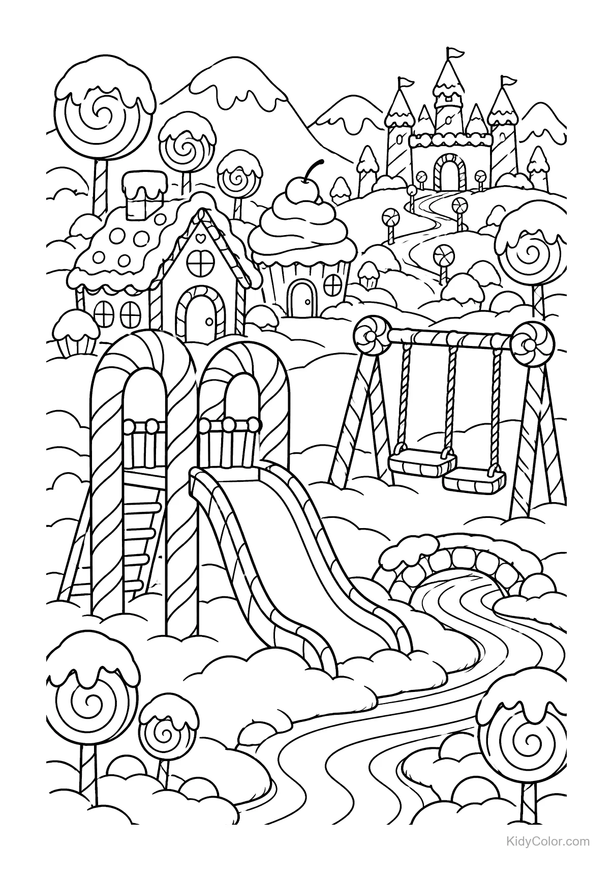 Parco giochi a tema caramelle con scivoli, altalene e un castello di caramelle.