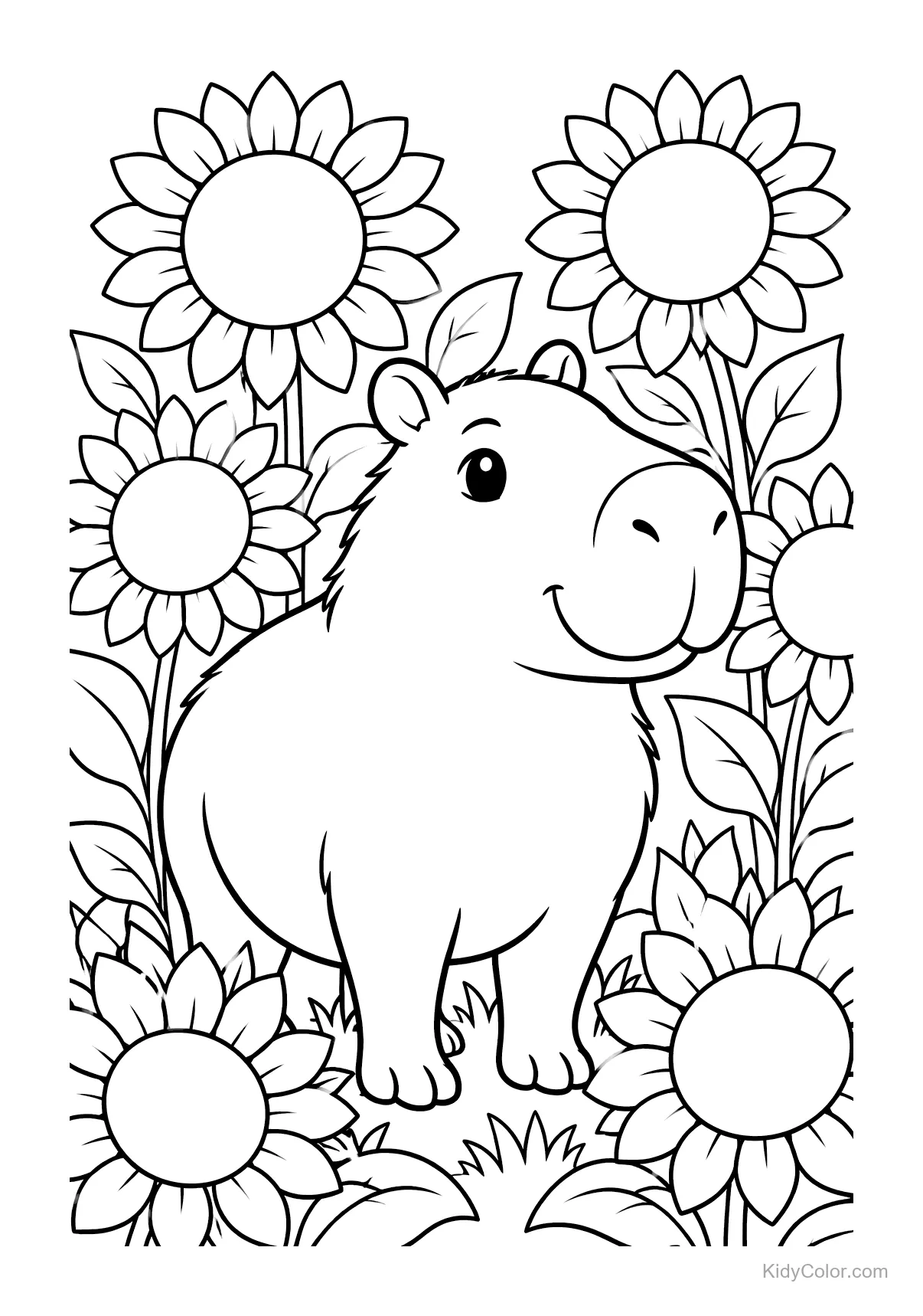 Capybara steht in einem Feld von Sonnenblumen.