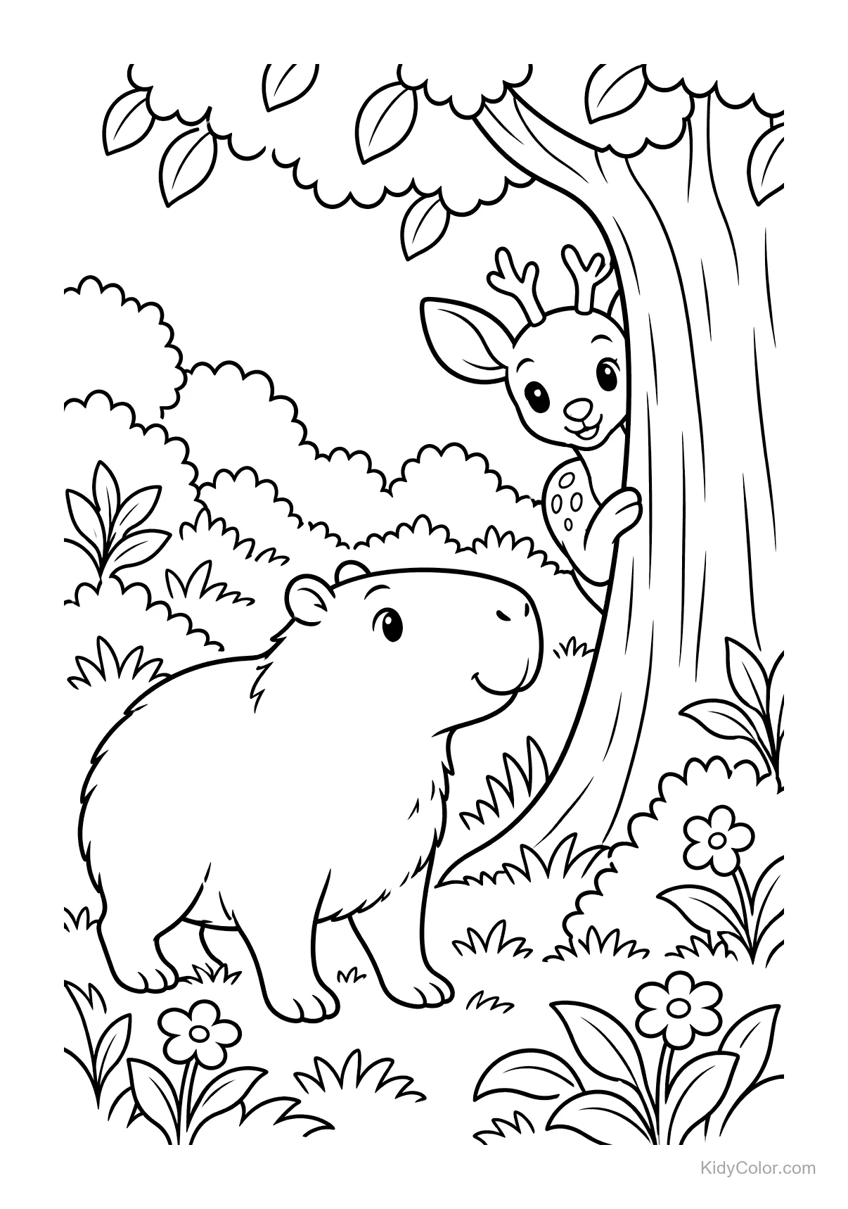 Ein Capybara steht, während ein Reh hinter einem Baum hervorschaut.