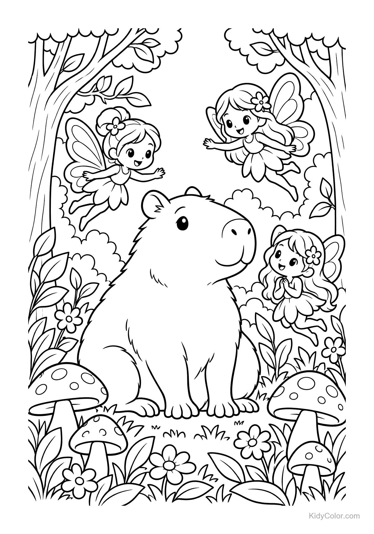 Ein Capybara mit drei Feen im Zauberwald.
