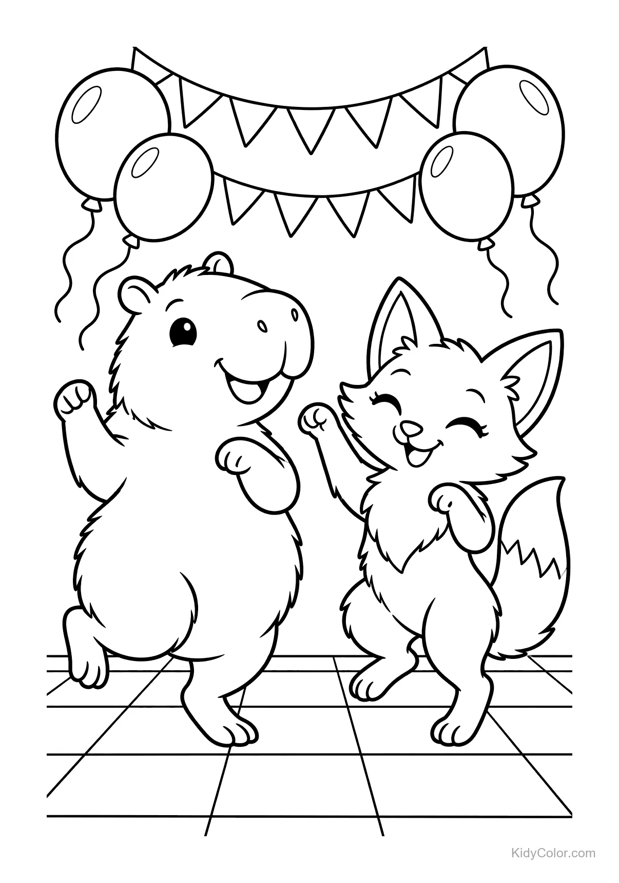 Capibara e volpe che ballano sotto palloncini e festoni.