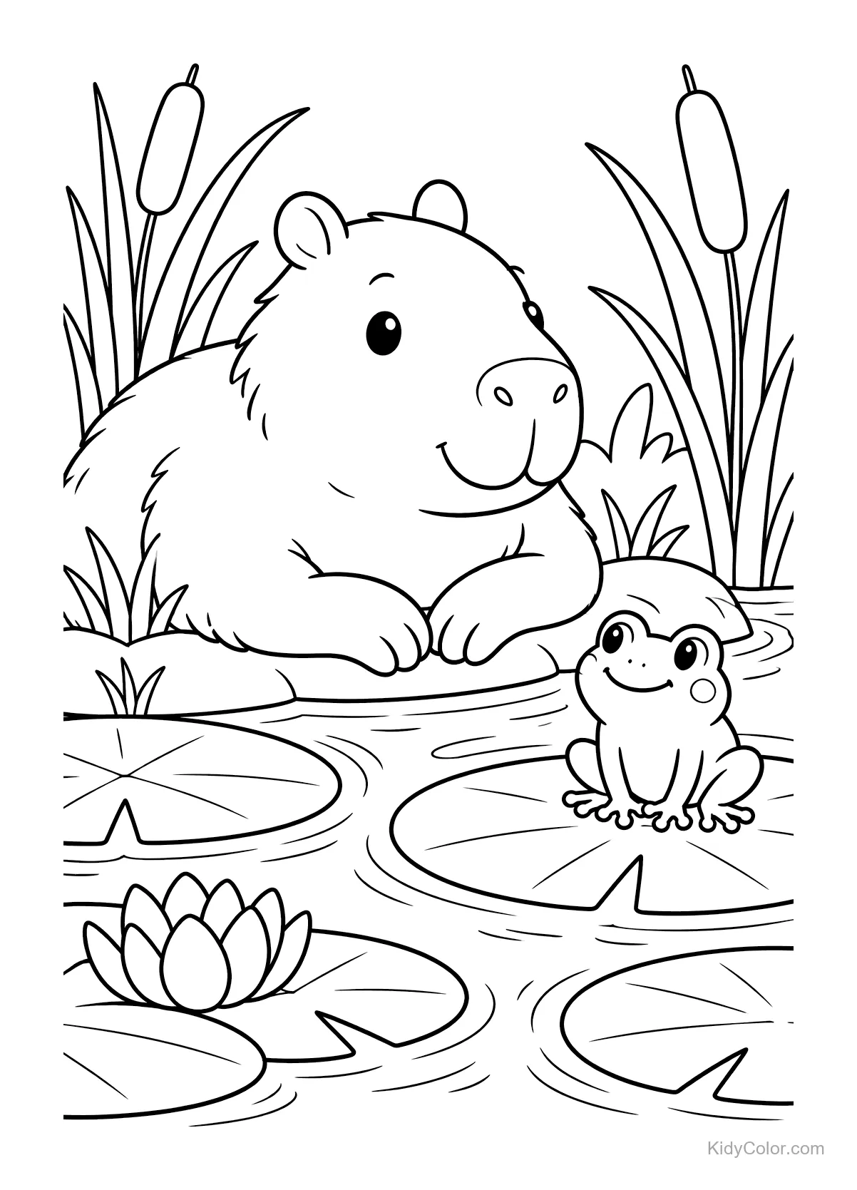 Capybara am Teich mit Frosch auf Seerosenblatt und Teichpflanzen.