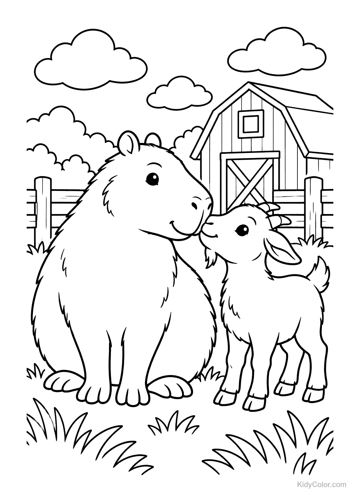 Capybara und Ziege vor einer Scheune mit Wolken und Zaun.