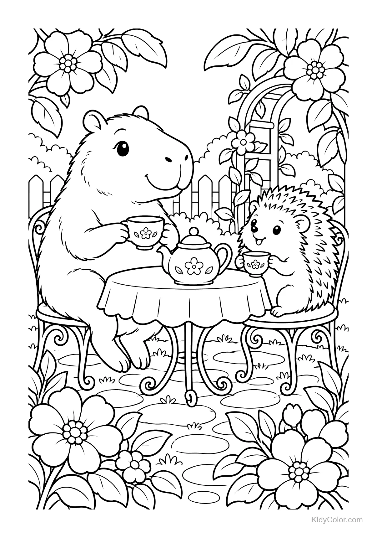 Capybara und Igel sitzen an einem Gartentisch mit Tee.