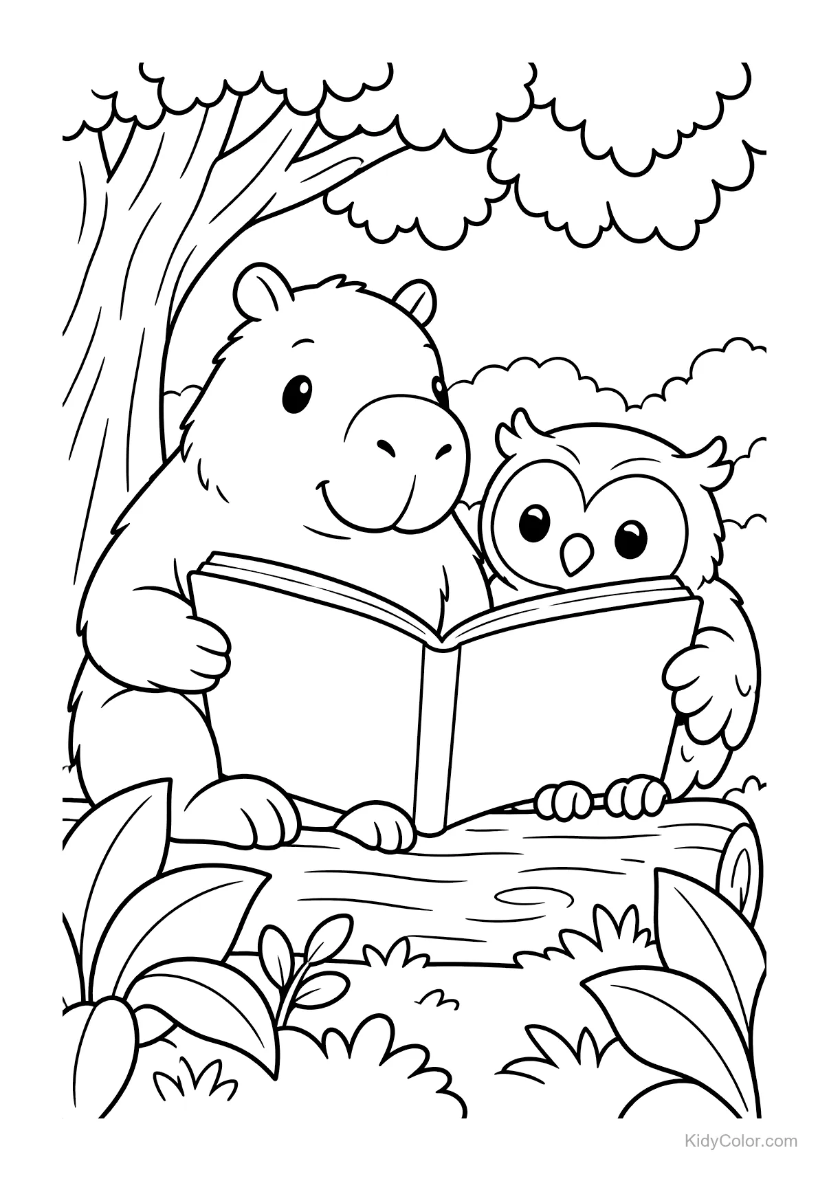 Capybara und Eule lesen zusammen ein Buch auf einem Baumstamm.