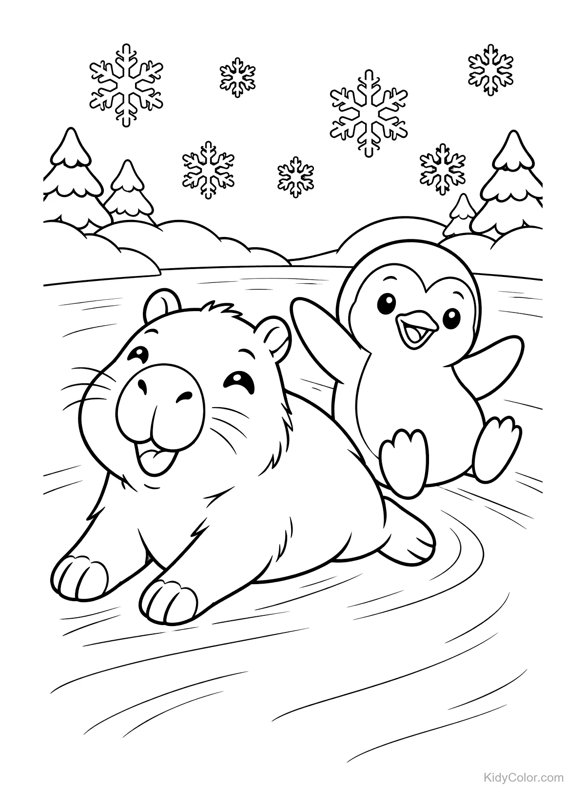 Capibara e pinguino che scivolano sul ghiaccio con fiocchi di neve.