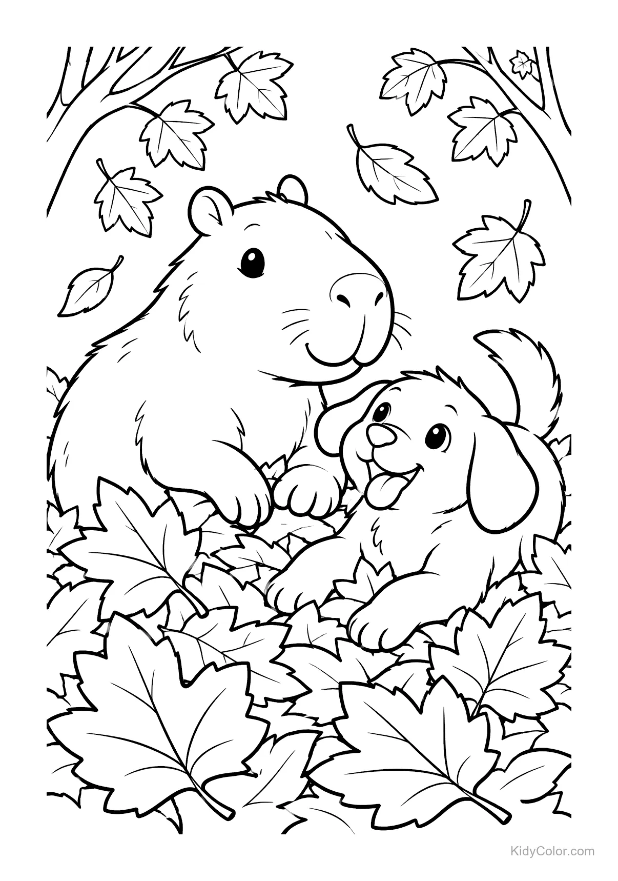 Capibara e cucciolo in un mucchio di foglie autunnali.