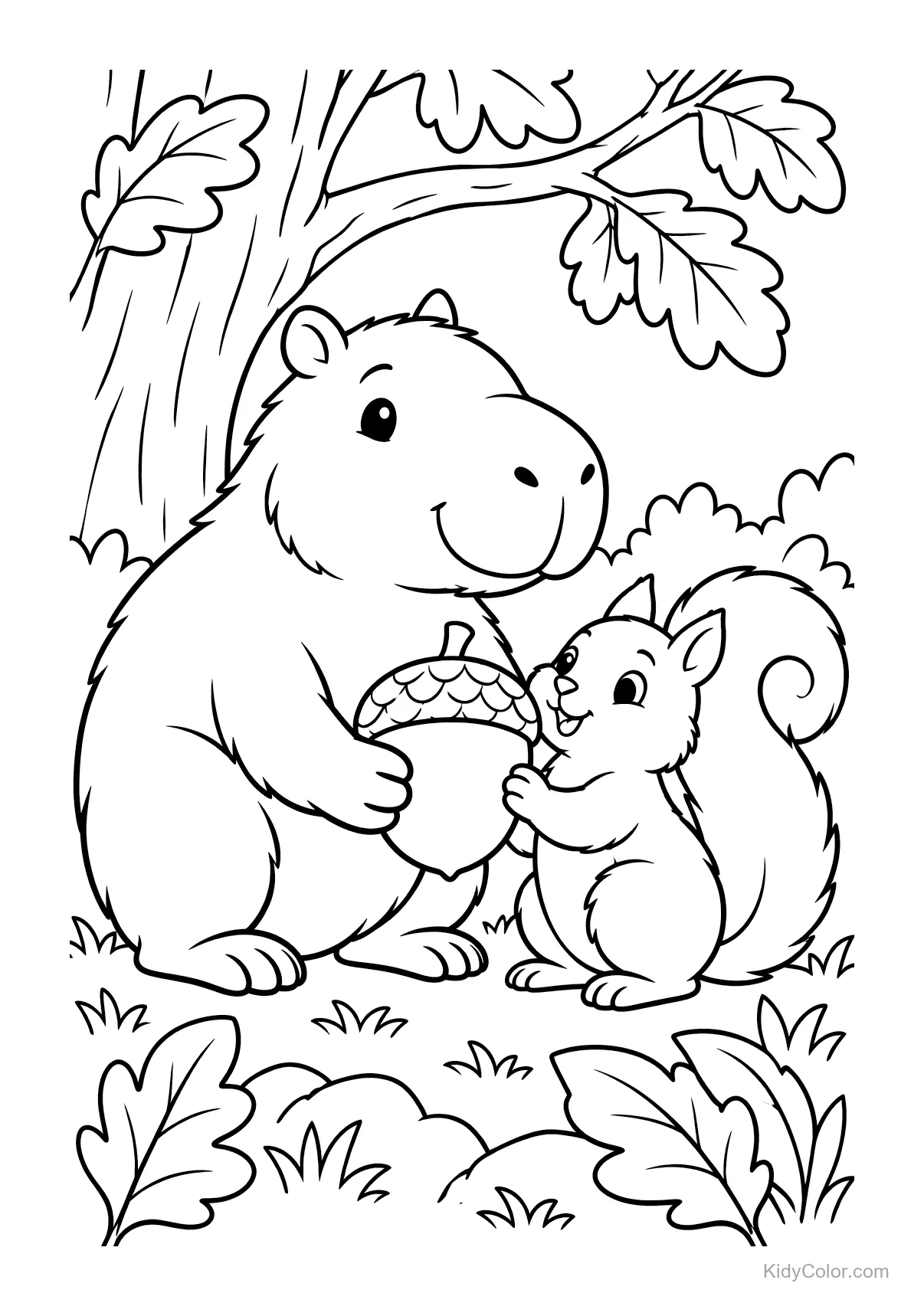 Capybara und Eichhörnchen halten eine Eichel im Wald.