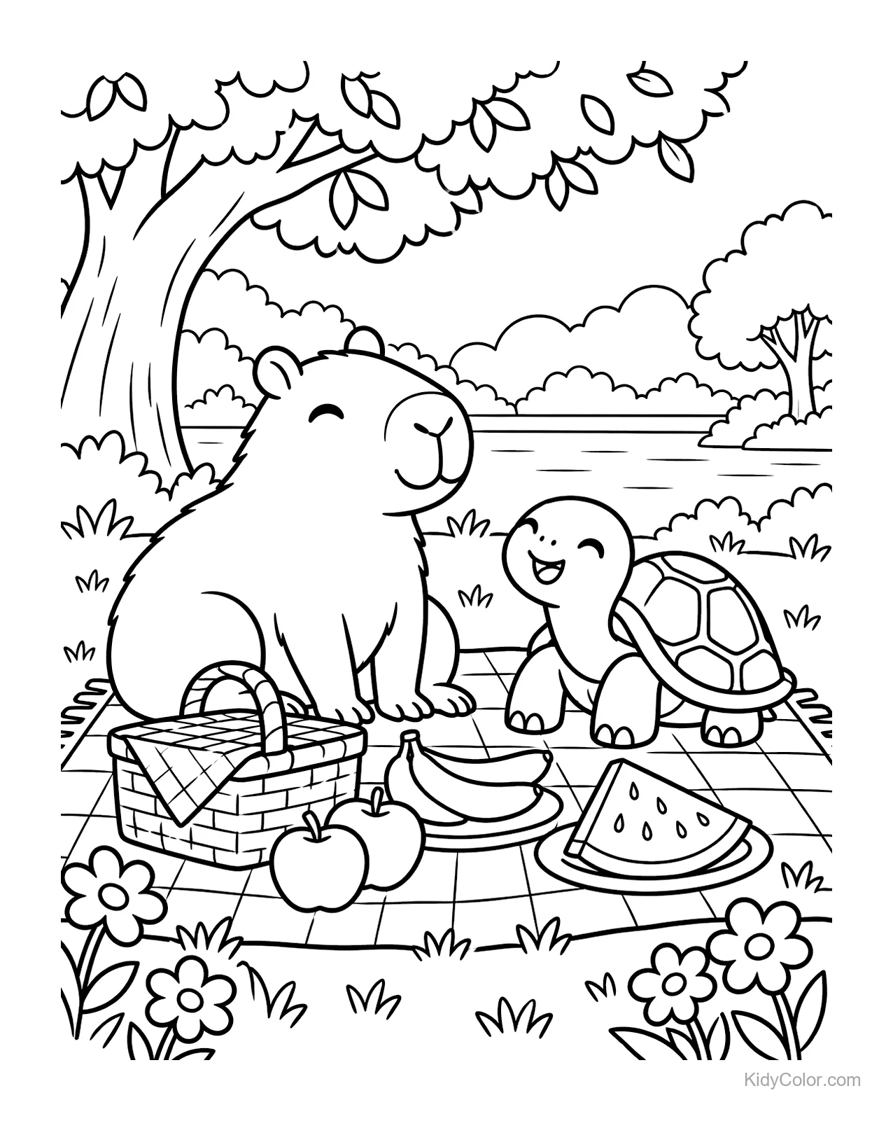 Capibara e tartaruga fanno un picnic con frutta vicino a un lago.