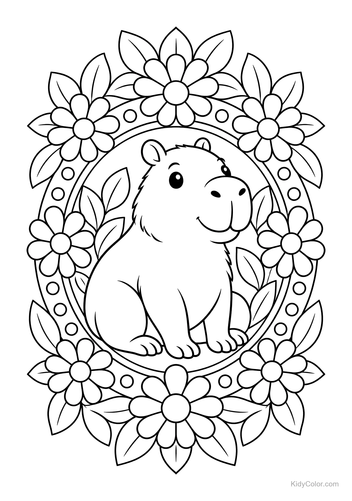 Capybara sitzt in einem floralen Mandala-Design.