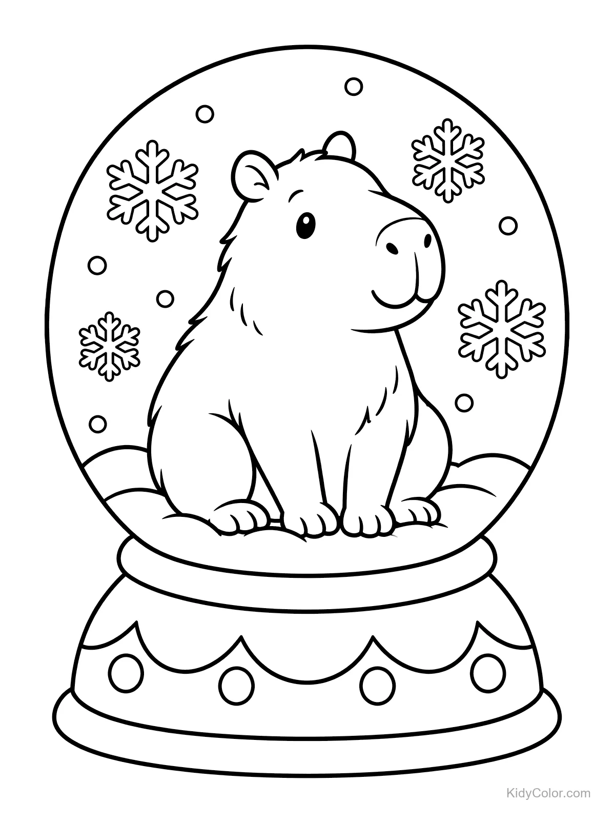 Capybara sitzt in einer Schneekugel mit Schneeflocken.