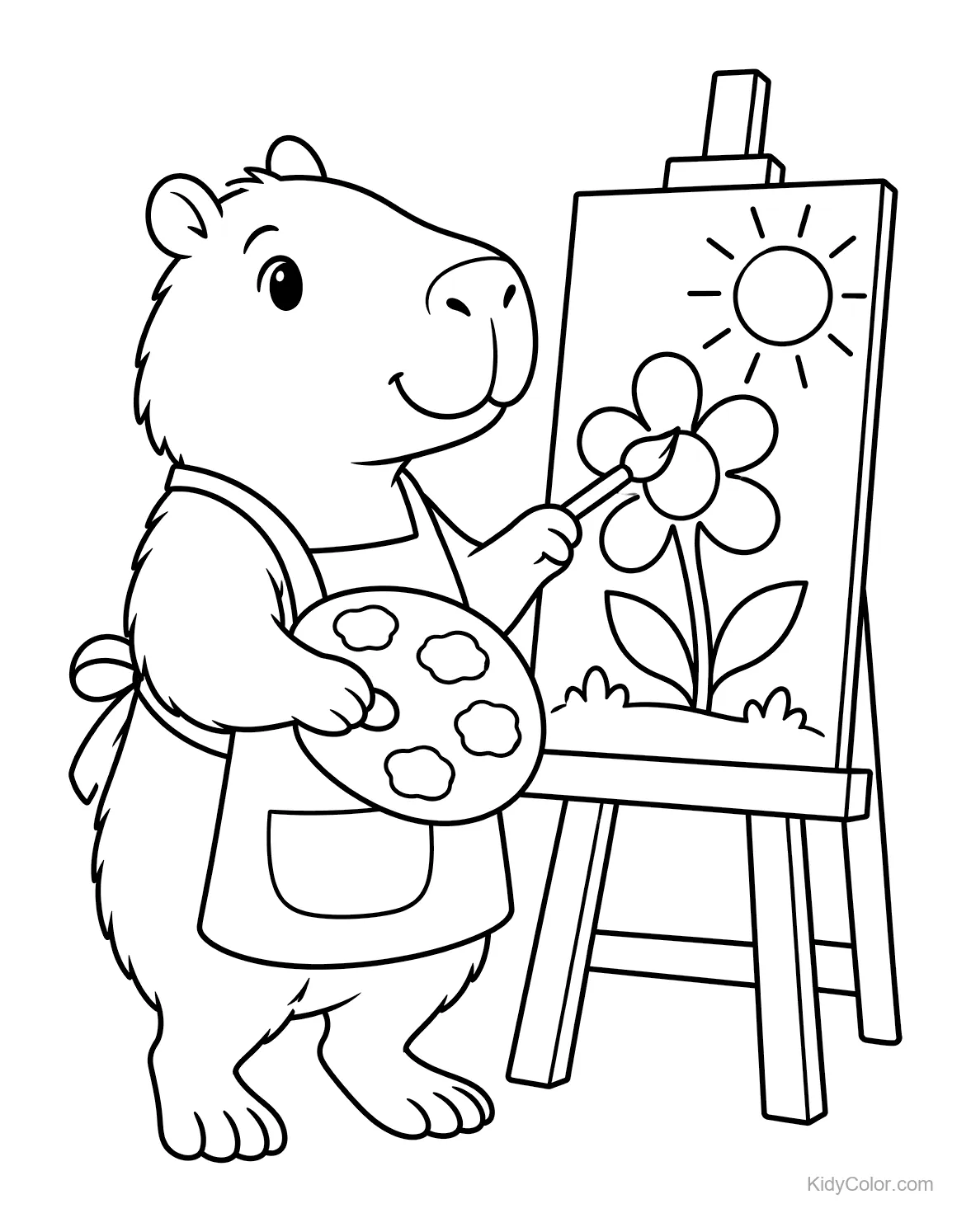 Capibara con grembiule dipinge un fiore su una tela.