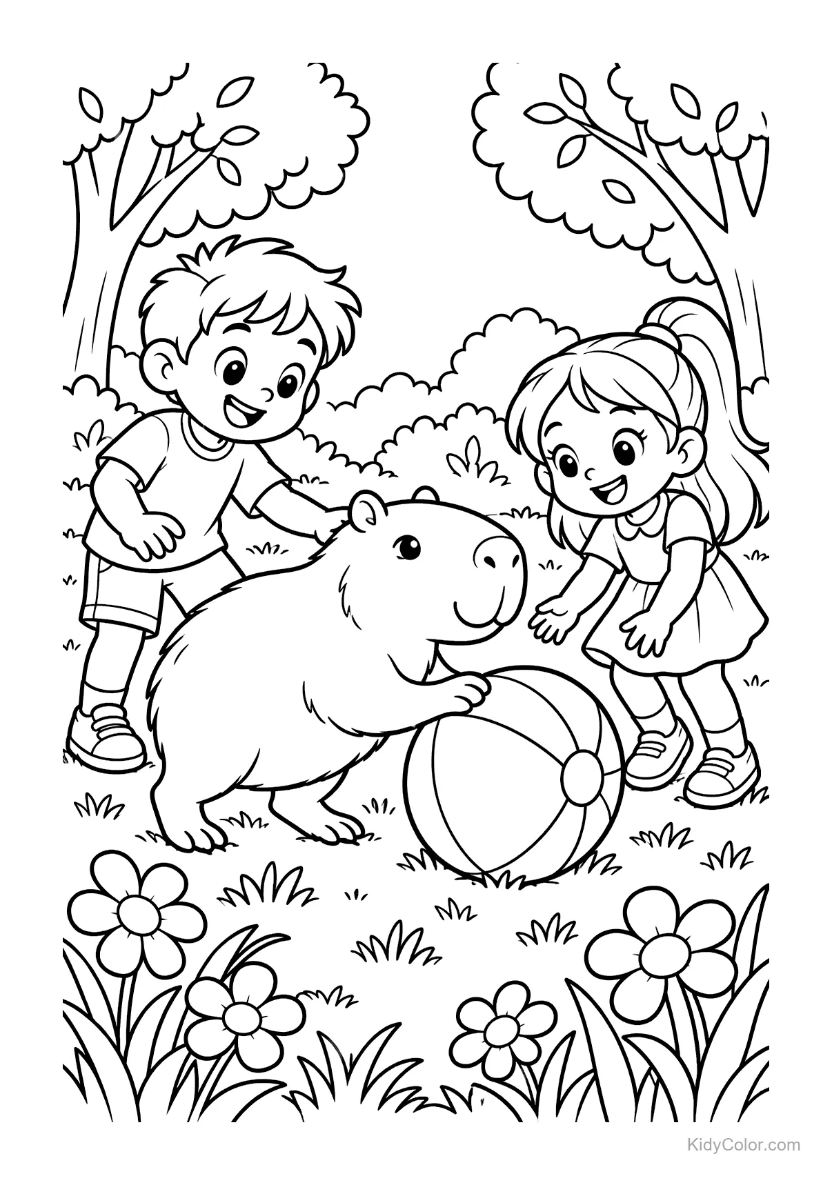 Capybara mit einem Ball und zwei Kindern im Park.