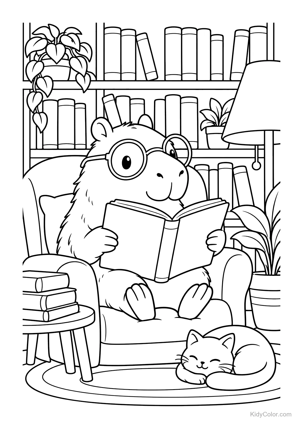 Capybara mit Brille liest Buch in Bibliothek, Katze daneben.