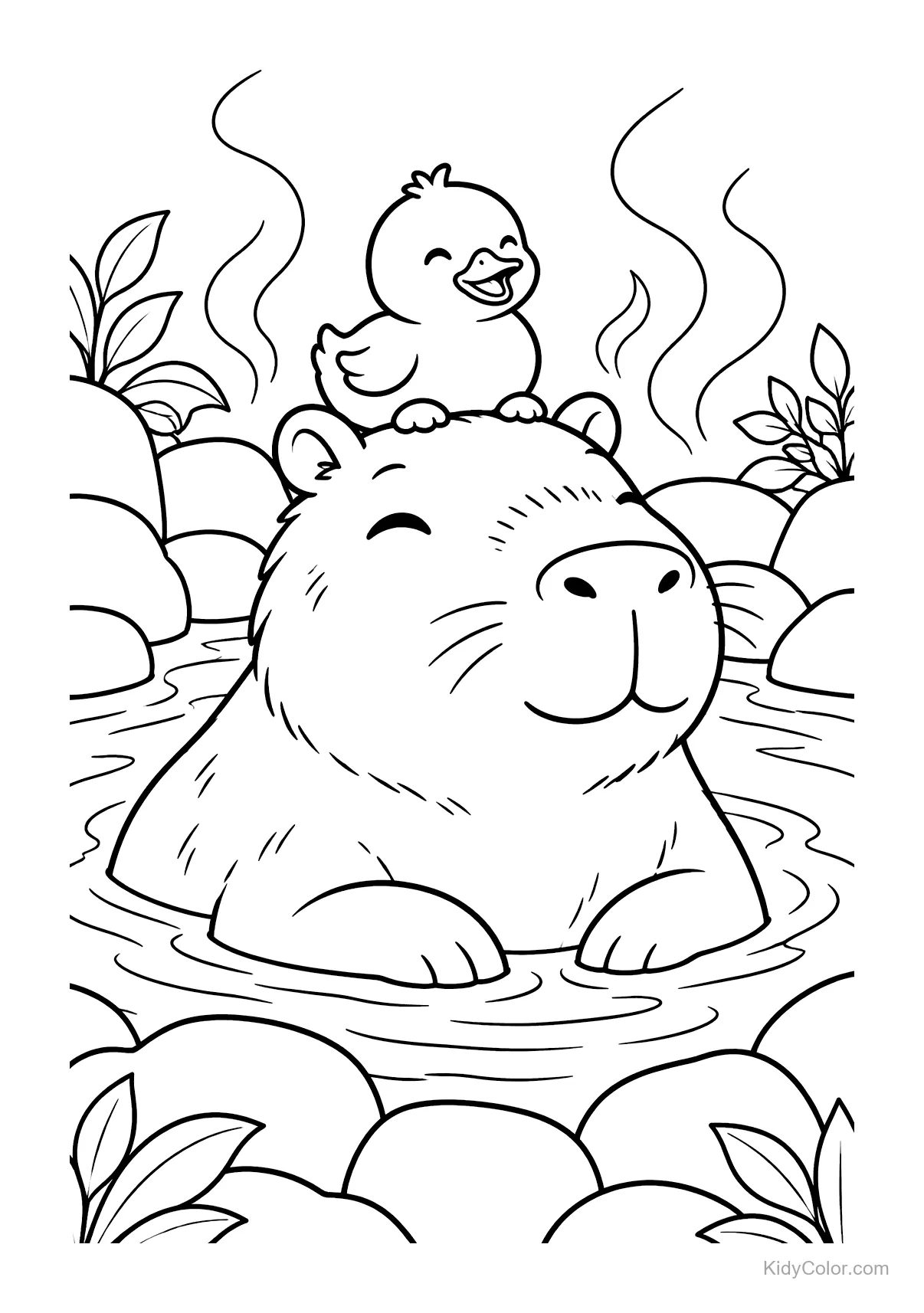 Capybara in heißer Quelle mit Entenküken auf dem Kopf.