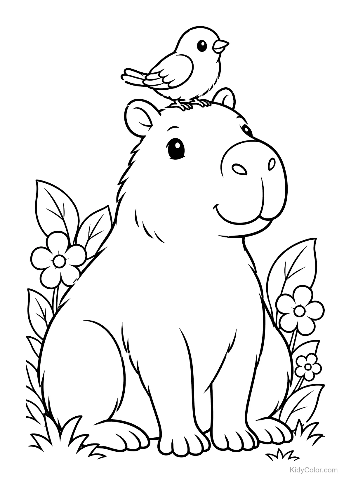 A capybara with a bird on its head surrounded by flowers.