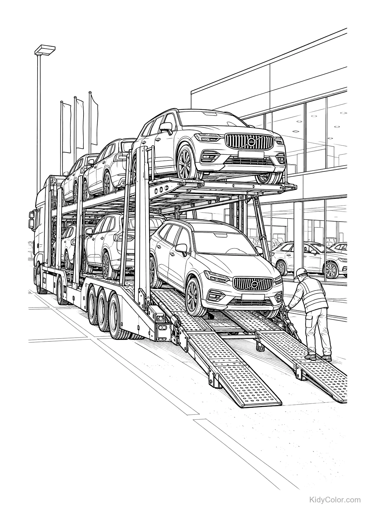 Car carrier unloading multiple cars at a dealership with a worker assisting.