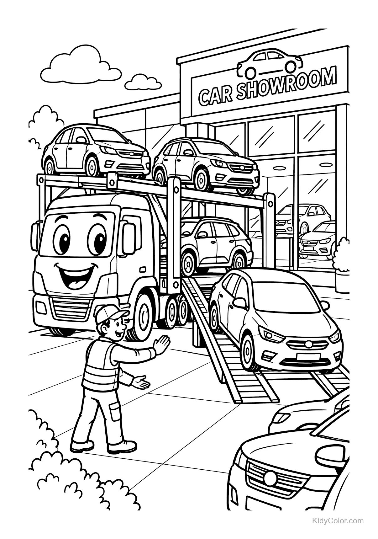 Car transporter with smiling cars at a car showroom.