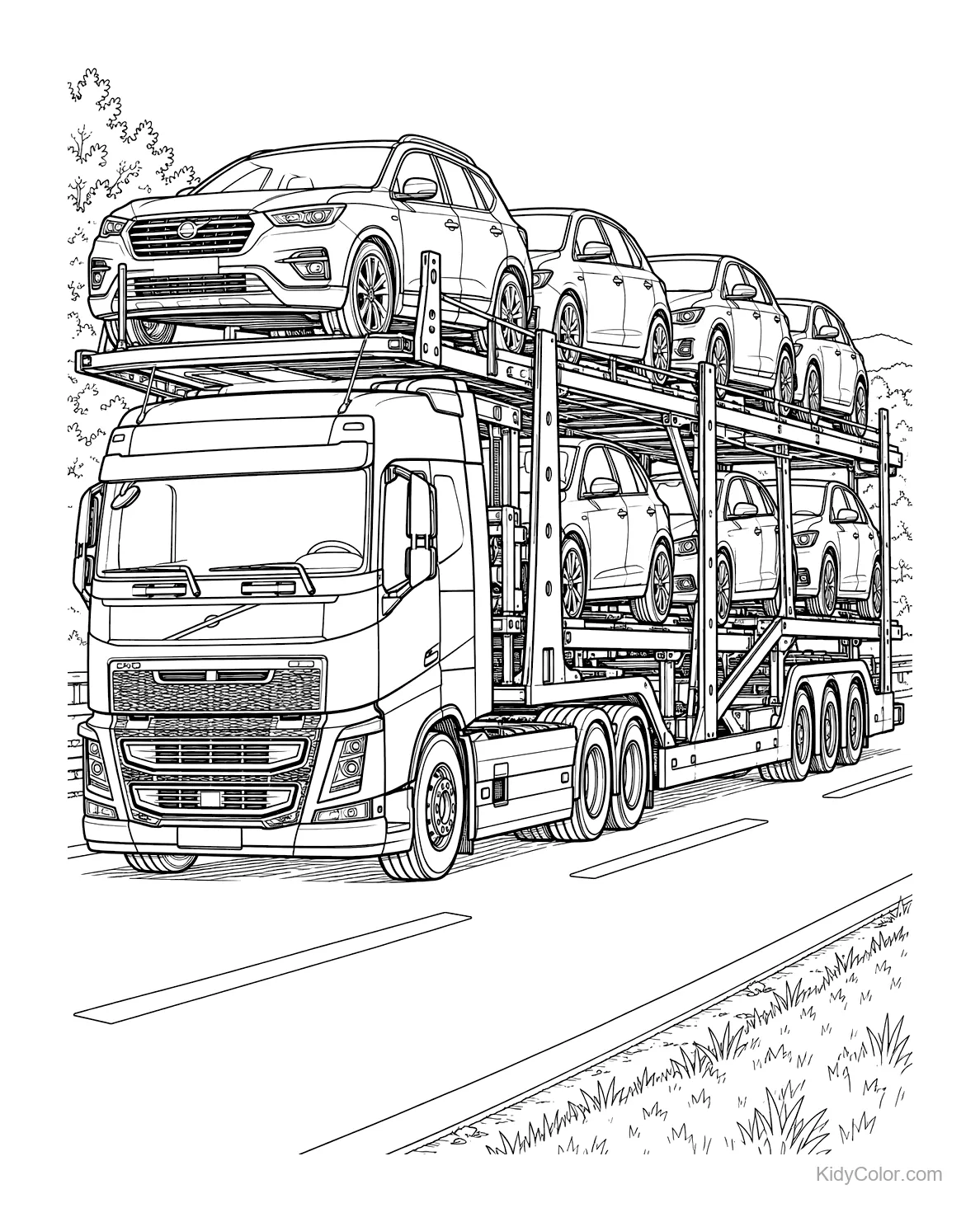 Car transporter with multiple cars driving on a highway.