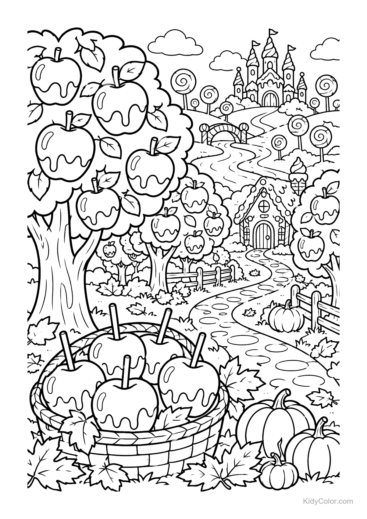 Mele caramellate in un meleto con un castello di dolci e un sentiero.