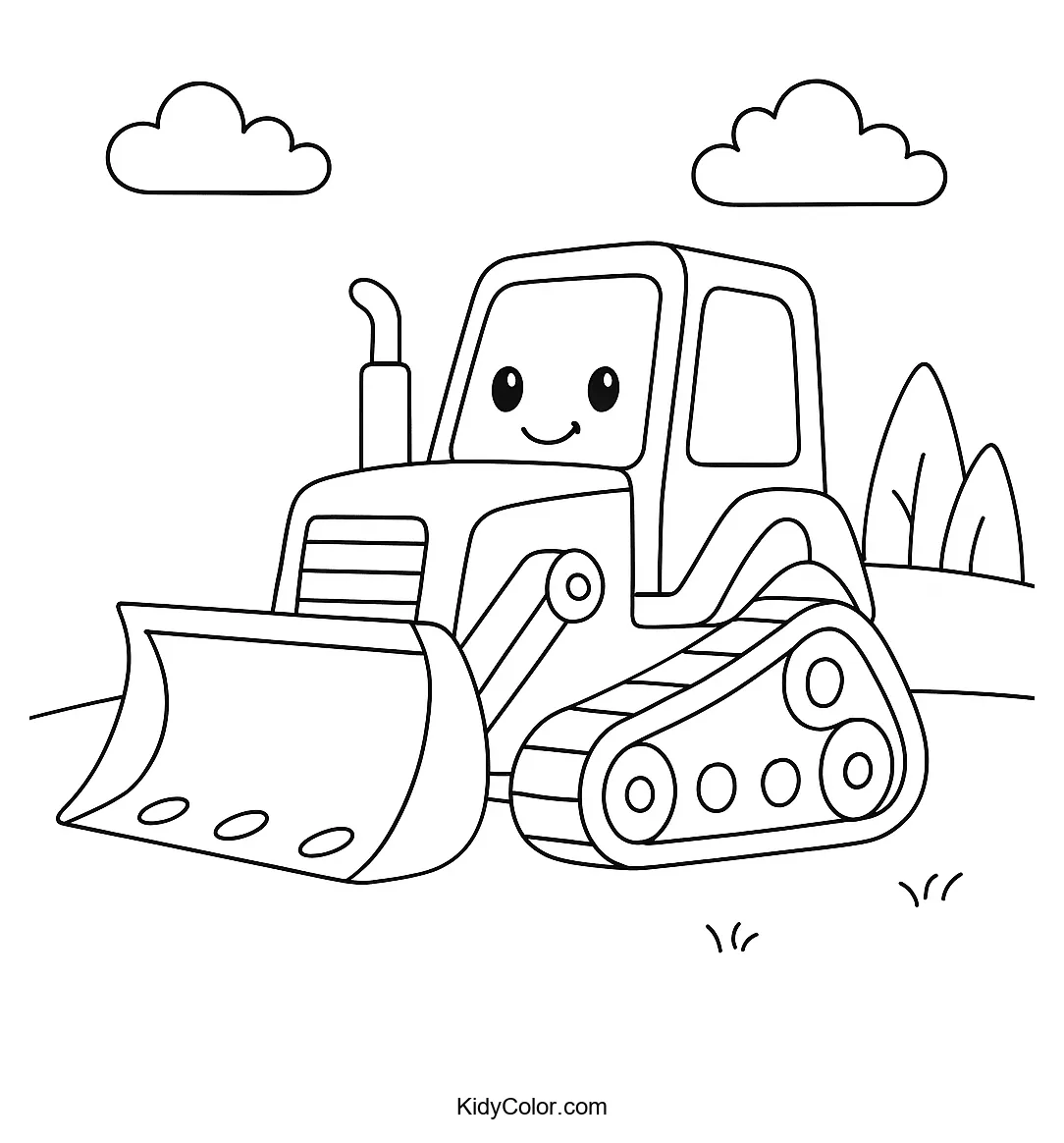 Cartoon bulldozer in a simple landscape for coloring