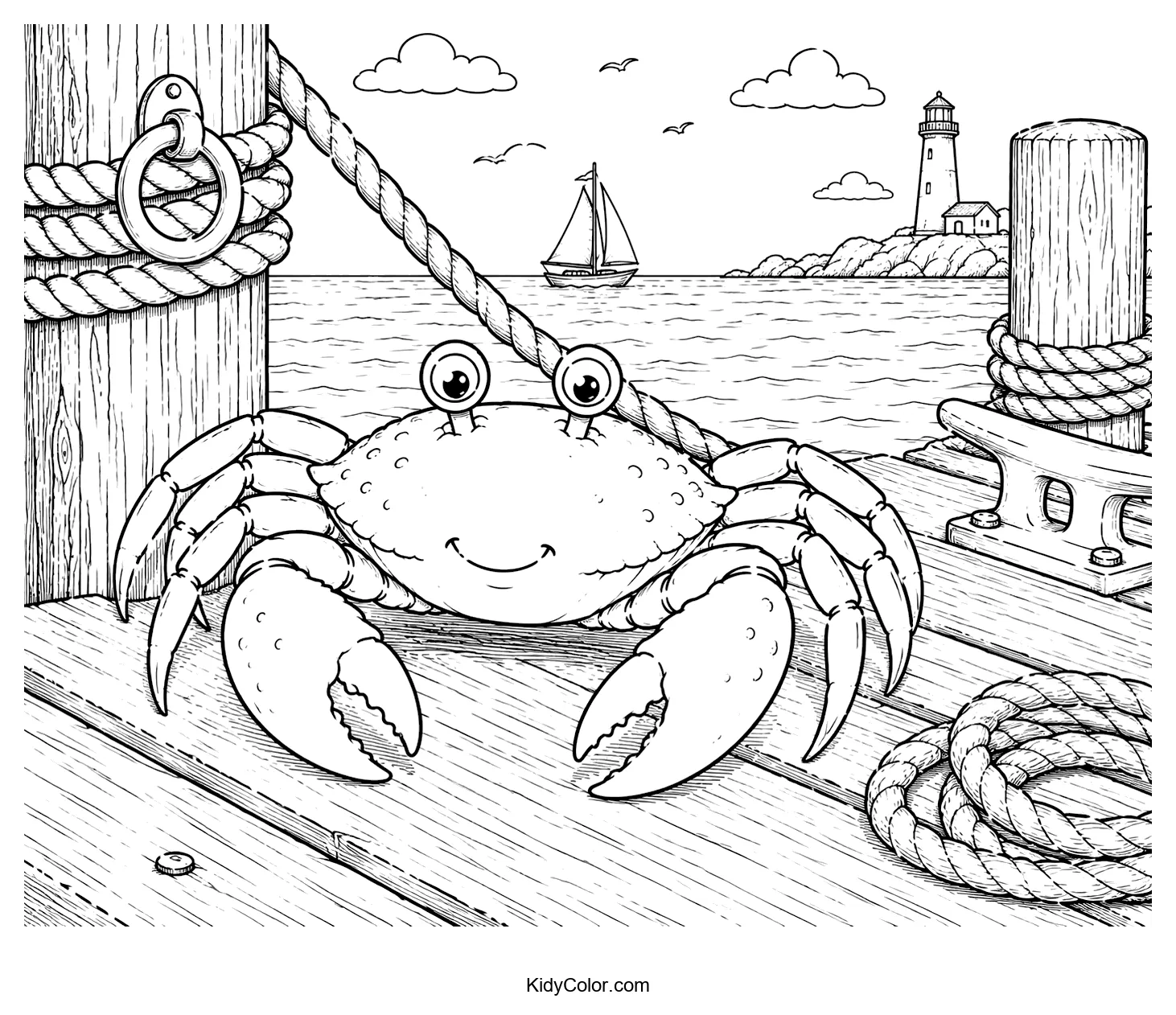 Cartoon crab with big eyes on a seaside dock, a lighthouse in the distance.