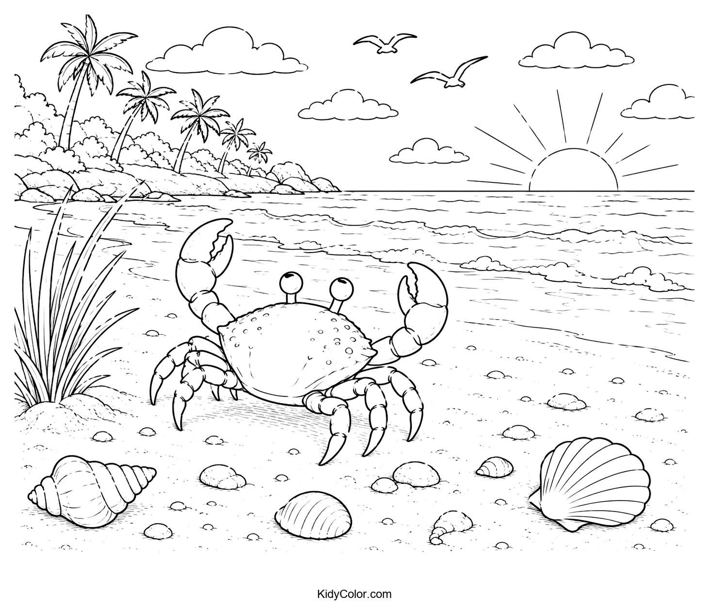 Cartoon crab on a sandy beach with shells and sunrise.