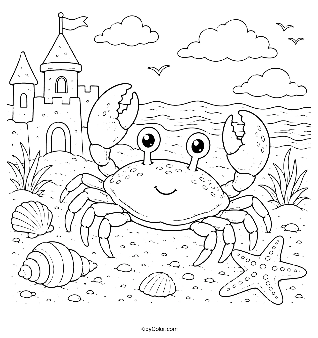 Cartoon crab on a sandy beach with seashells, starfish, and sandcastle.