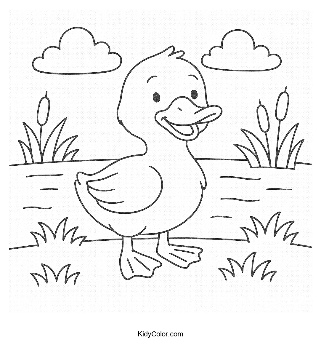 Cartoon duck by the pond coloring page
