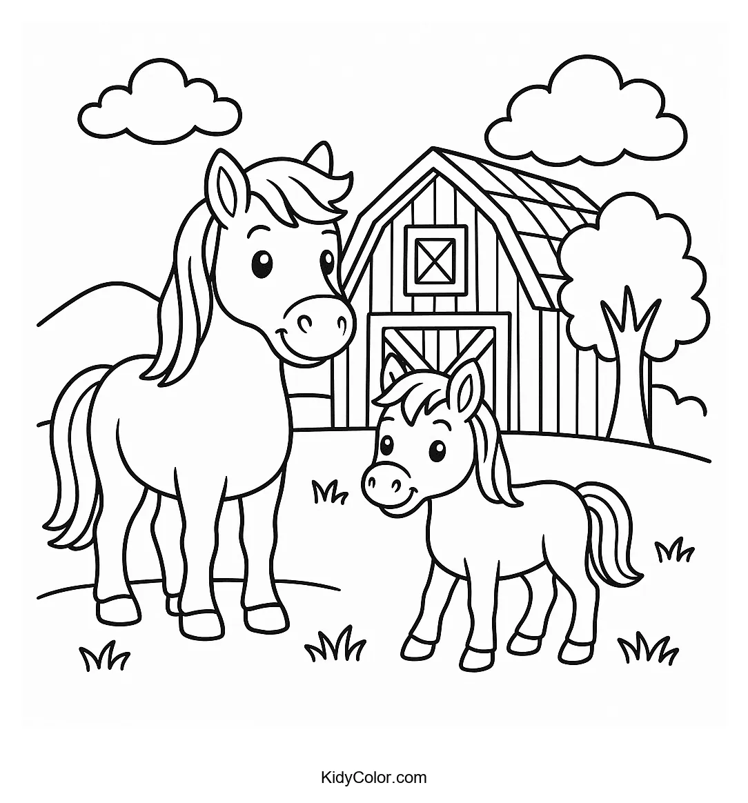 Cartoon horses on a farm coloring page.