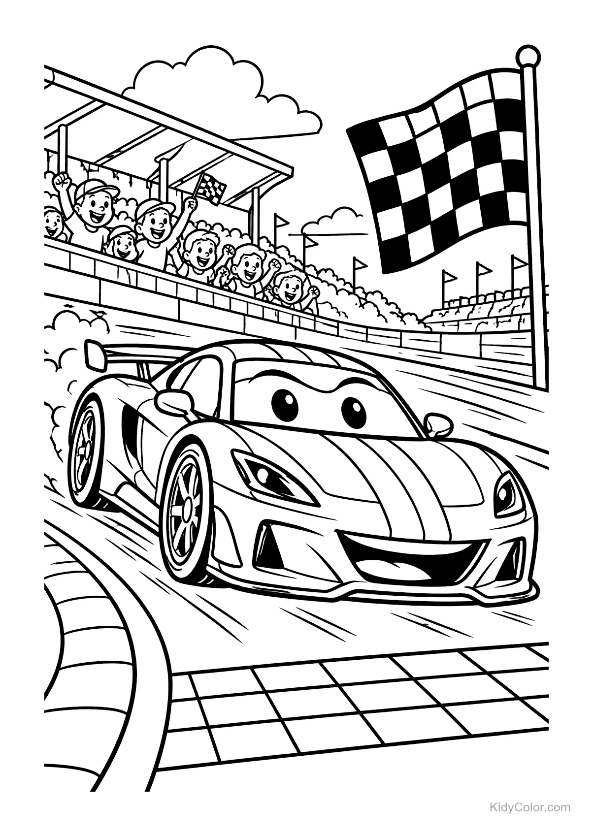 Cartoon race car crossing finish line with cheering fans.