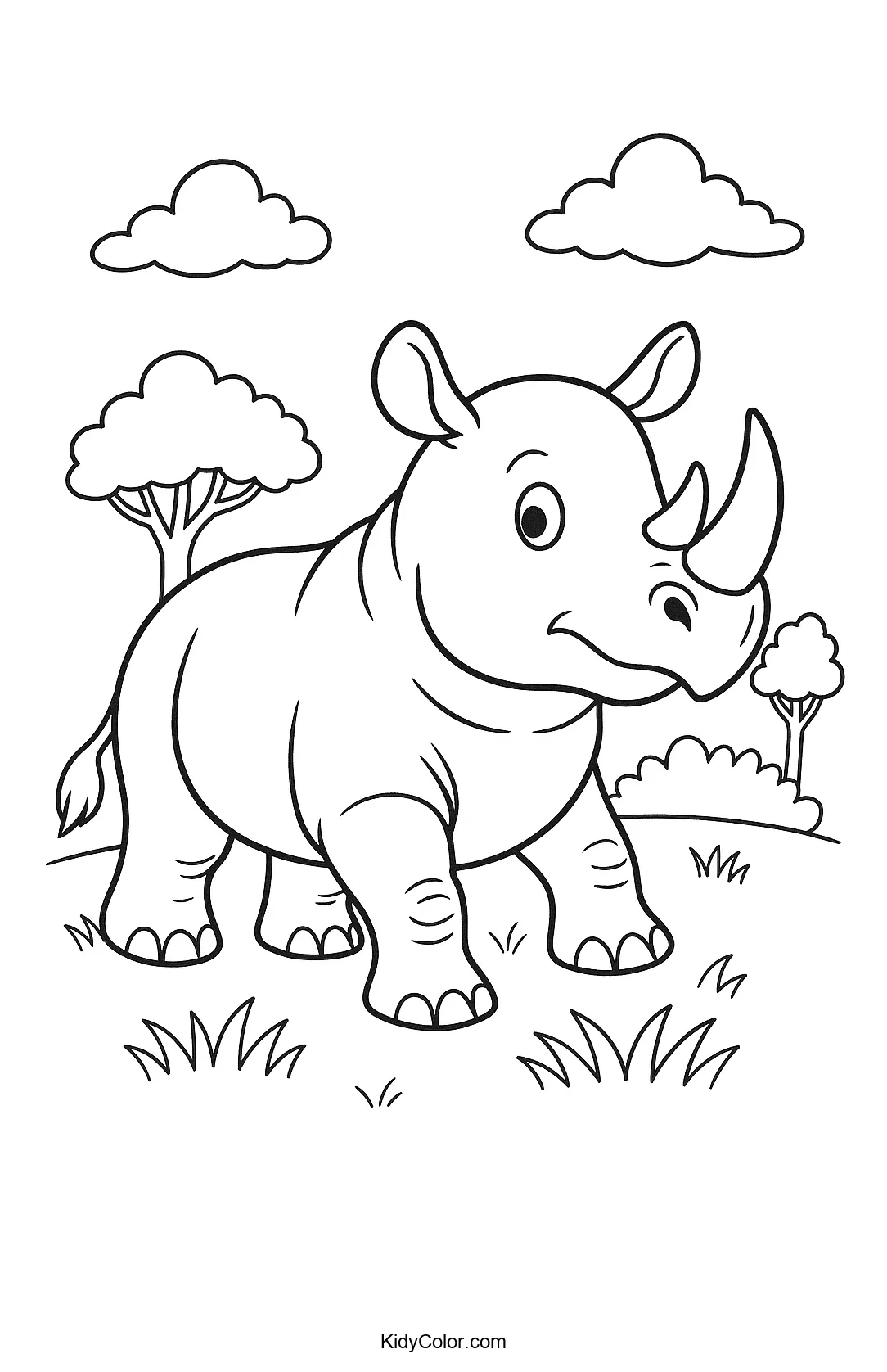 Cartoon rhino standing in grassy habitat.
