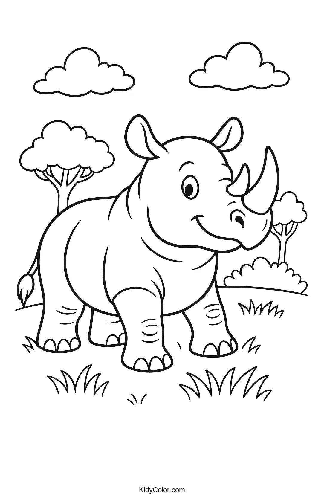 Cartoon rhino in a grassy landscape