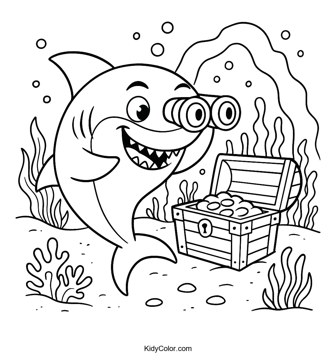 Cartoon shark with a treasure chest coloring page