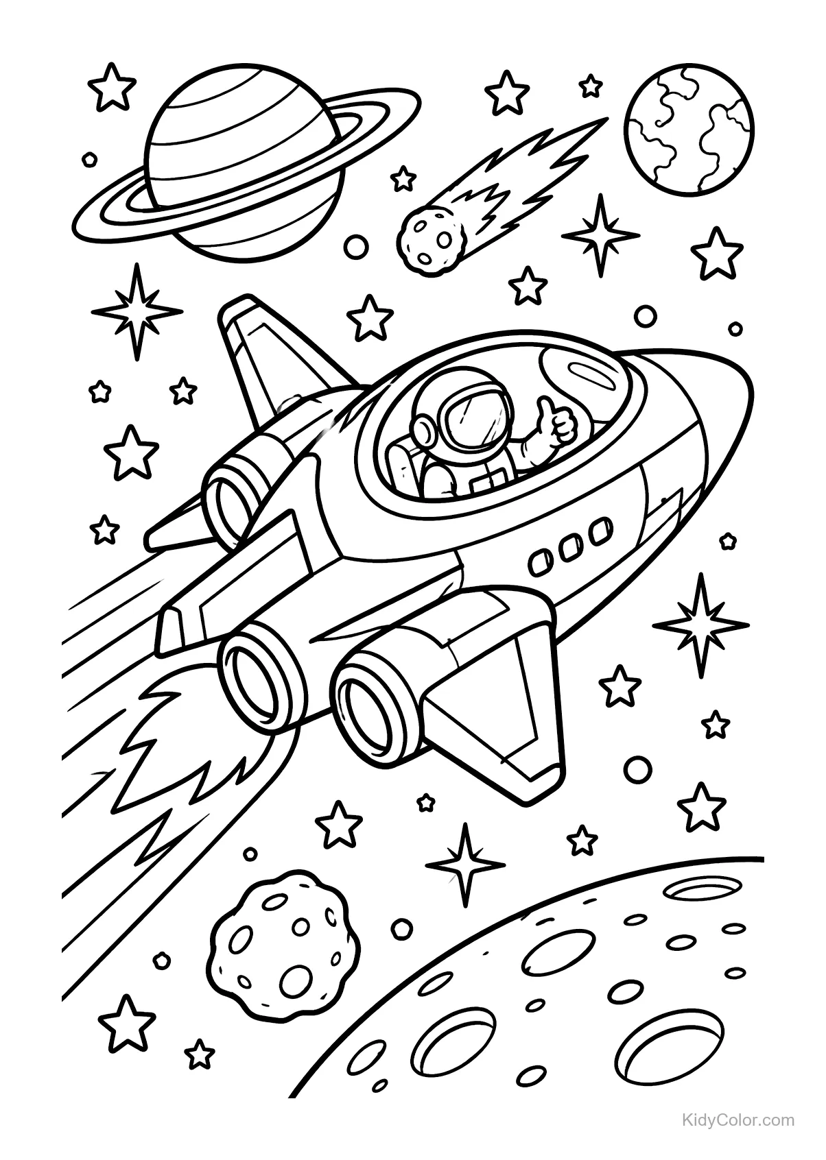 Cartoon spaceship with astronaut, planets, and stars.