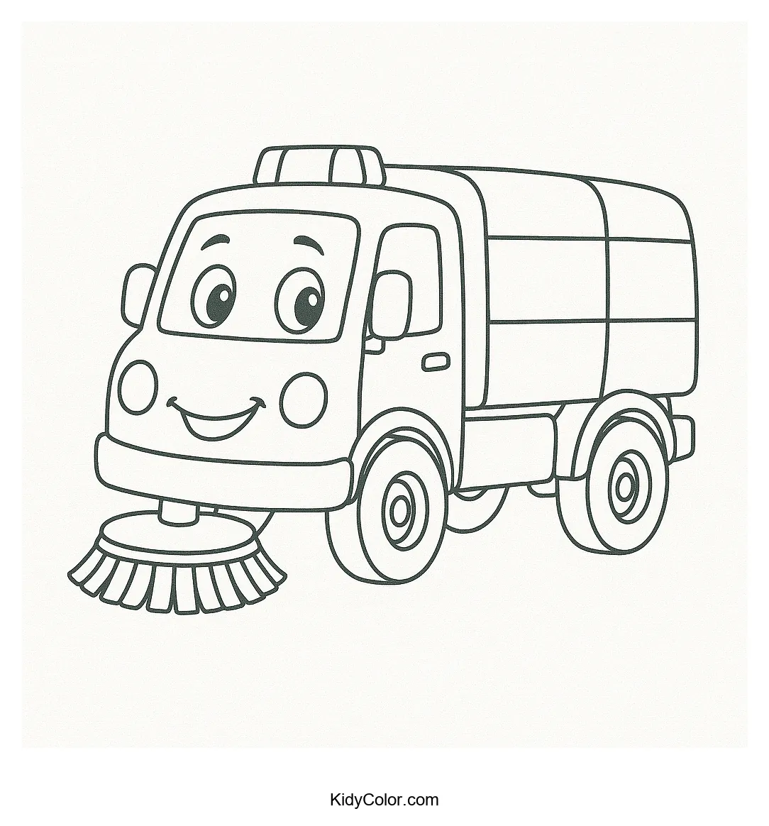 Coloring page of a cartoon street sweeper truck
