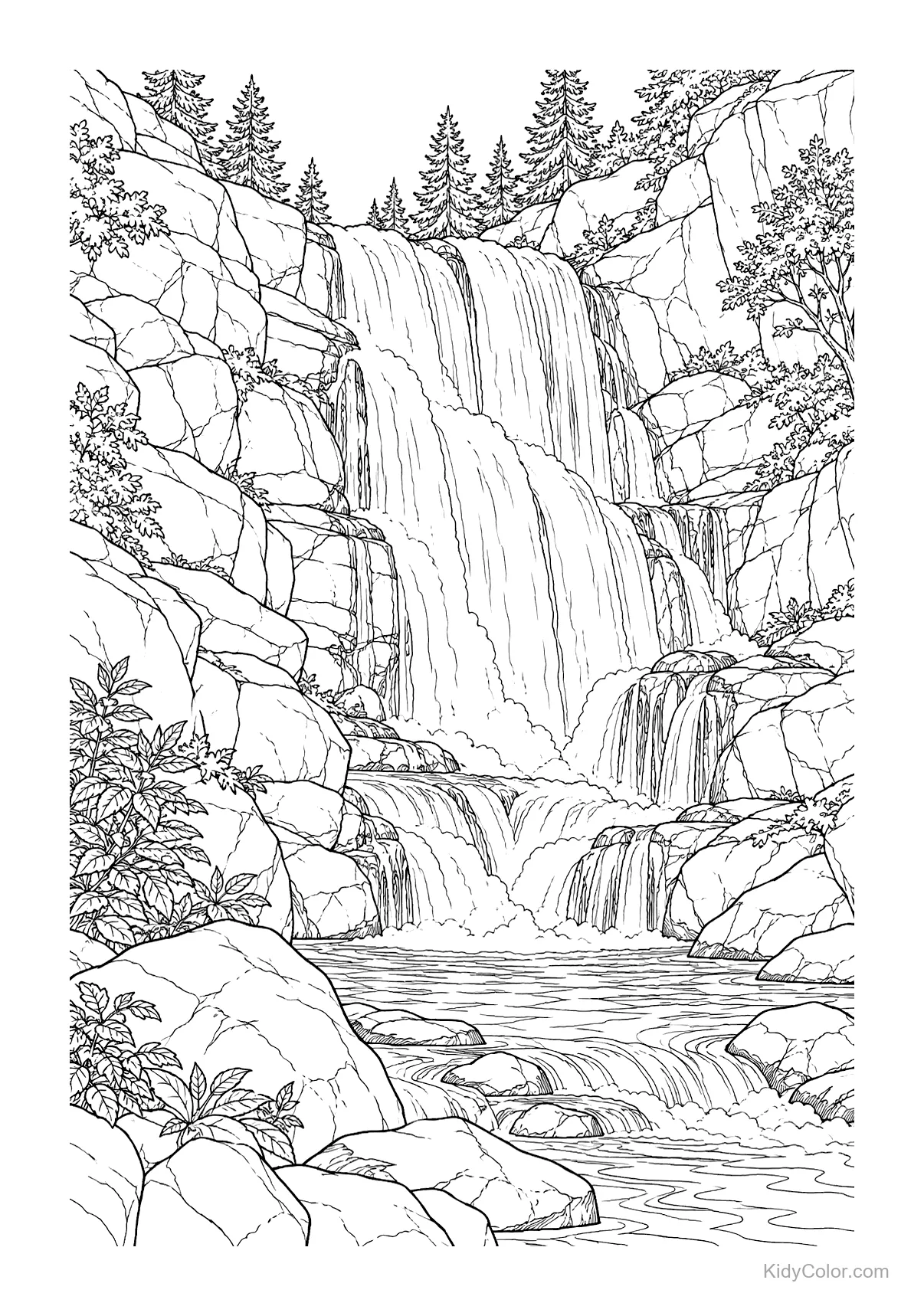Cascading mountain waterfall with rocks and trees.