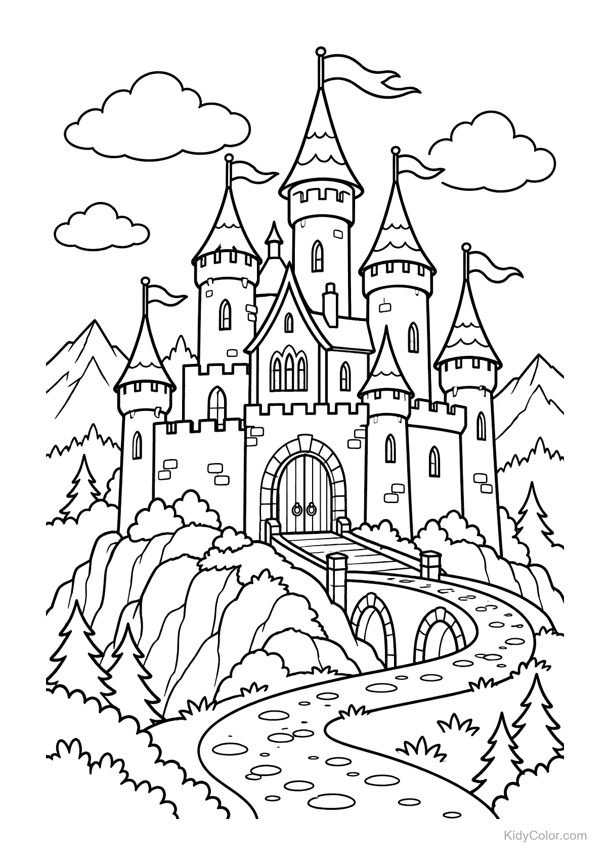 Castle on a rocky hill with multiple towers and flags.